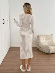 Easowa Vestido de manga larga ajustado con cuello redondo, cintura ceñida y fruncido, de tela con textura de rayas jacquard, estilo casual, relajado y elegante para oficina y uso diario, con estilo vintage para mujeres