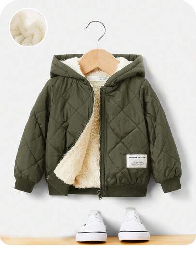 SHEIN Baby Boy Letter Patched Detail Plush Lined Zipper Hooded Quilted Coat Baby Boy Jacket Winter
