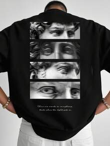 Manfinity EMRG Plus Size Men's Casual Street Fashion Loose Black T-Shirt With Black & White Portrait And Letter Print, Unique Artistic T-Shirt, Combining Sculptural Pattern And English Slogan, Making Your More Personalized.