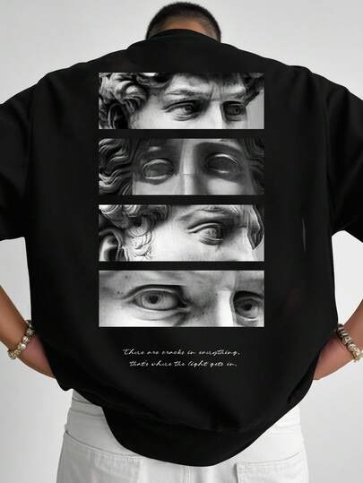 Manfinity EMRG Plus Size Men's Casual Street Fashion Loose Black T-Shirt With Black & White Portrait And Letter Print, Unique Artistic T-Shirt, Combining Sculptural Pattern And English Slogan, Making Your More Personalized.