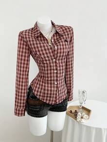 Elamini 1pc Women's Red Plaid Embroidered Slim Fit Button-Down Long Sleeve Shirt, Versatile For Daily, Commute, Casual, School, Valentine's Day - Red - View 5