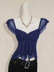 SHEIN ICON Women's Ruched Front Fitted Sexy Mesh Patchwork Cap Sleeve Backless Casual Vacation Cropped Tank Top,Sexy Tops - Navy Blue - View 7