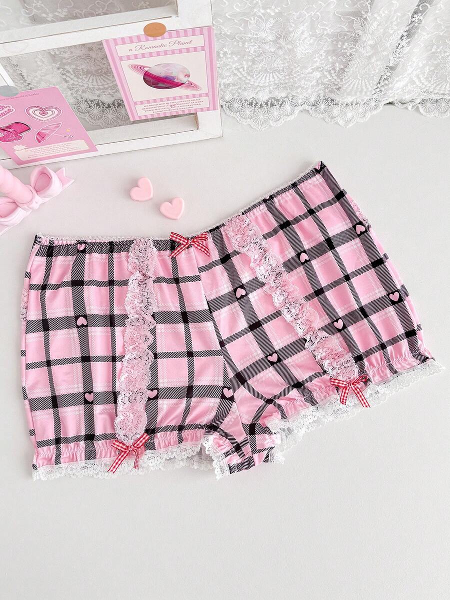 PetitDoll Plus Size Women Cute Heart Striped Lace Bow Series Briefs