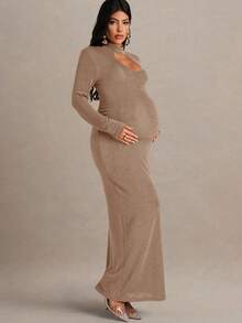 MaterniChic Maternity Solid Beige Long Sleeve Hollow Out Fitted Elegant Dress For Pregnant Women,Autumn Evening Pregnancy Dress For Photoshoot - Khaki - View 4