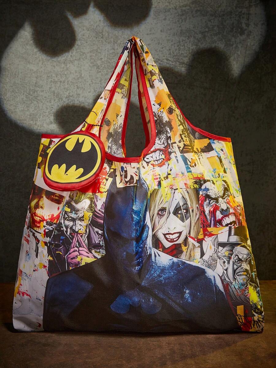 BATMAN X SHEIN 1 Cute Cartoon Character Printed Polyester Fiber Foldable Shopping Bag, Tote Bag, With A Small Storage Bag With A Bead Chain, Which Can Be Hung On The Bag. - 彩色 - 查看 1