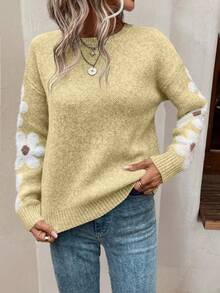 SHEIN LUNE Sweater Pullover Lengan Panjang Leher Bulat Motif Bunga Kasual Wanita - Aprikot - View 5