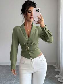 Elenzga 女士优雅通勤纯色束腰衬衫 - 軍綠色 - 查看 3