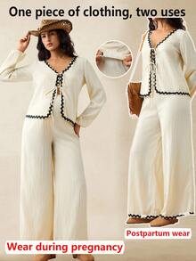 Boho Mama Fall Clothes,Autumn Clothes,Maternity Autumn/Winter Clothes Maternity 2pcs Maternity Ruffled Lantern Sleeve Tie Front Shirt And Adjustable Waist Wide Leg Pants Casual Outfit Pant Set Woman Long Sleeve Pant Set Blouse And Pants Set Pant Suit Two Piece Pant Set Two Piece Outfit - Yellow - View 3