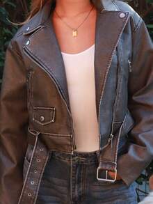 SILVIA DI SANTO 时尚拉链系腰带短款机车夹克 - 灰色 - 查看 3