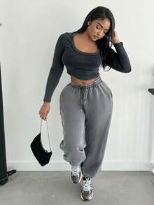 Alexandranx Washed Drawstring Waist Joggers Spring Vacation Casual Airport Summer Active Graduation, Teacher Outfits For Women, Back To School Fall, Autumn, Winter Christmas - Dark Grey - View 6