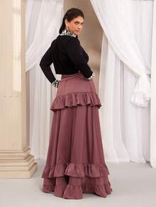 VOLUPTÉ CURVE Plus Size Women's Spring/Summer Pink Floor Length Skirt Solid Woven Double Ruffle Elastic Waist A-Line, Elegant Commute Party Casual Skirt - Rust Brown - View 2
