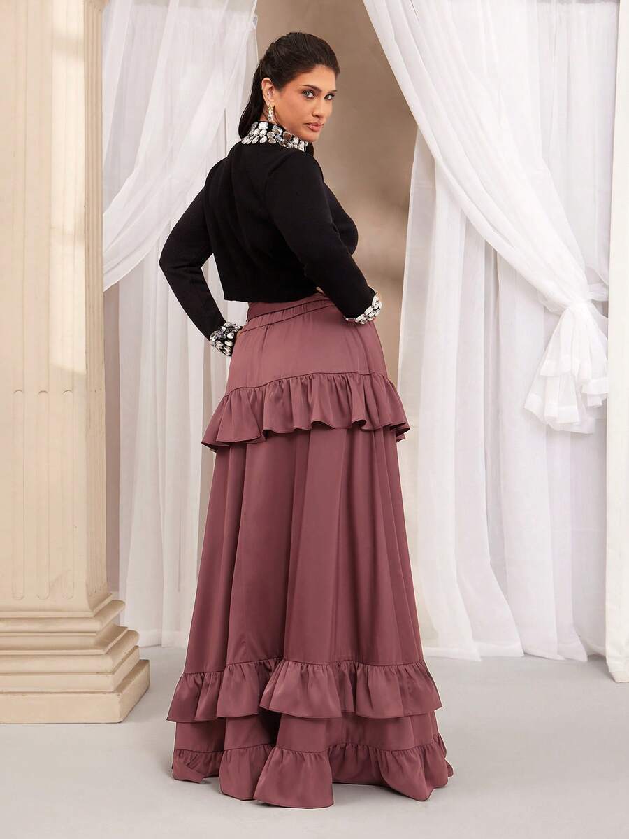 VOLUPTÉ CURVE Plus Size Women's Spring/Summer Pink Floor Length Skirt Solid Woven Double Ruffle Elastic Waist A-Line, Elegant Commute Party Casual Skirt