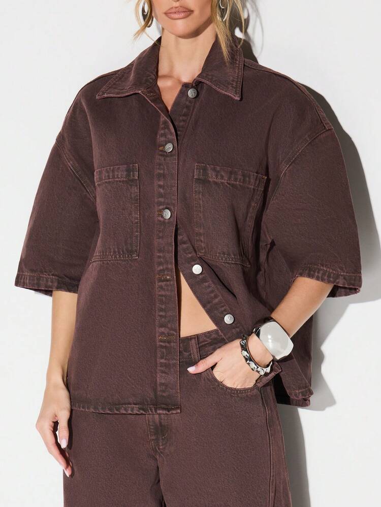 KIZN Oversized Brown Denim Button Shirt