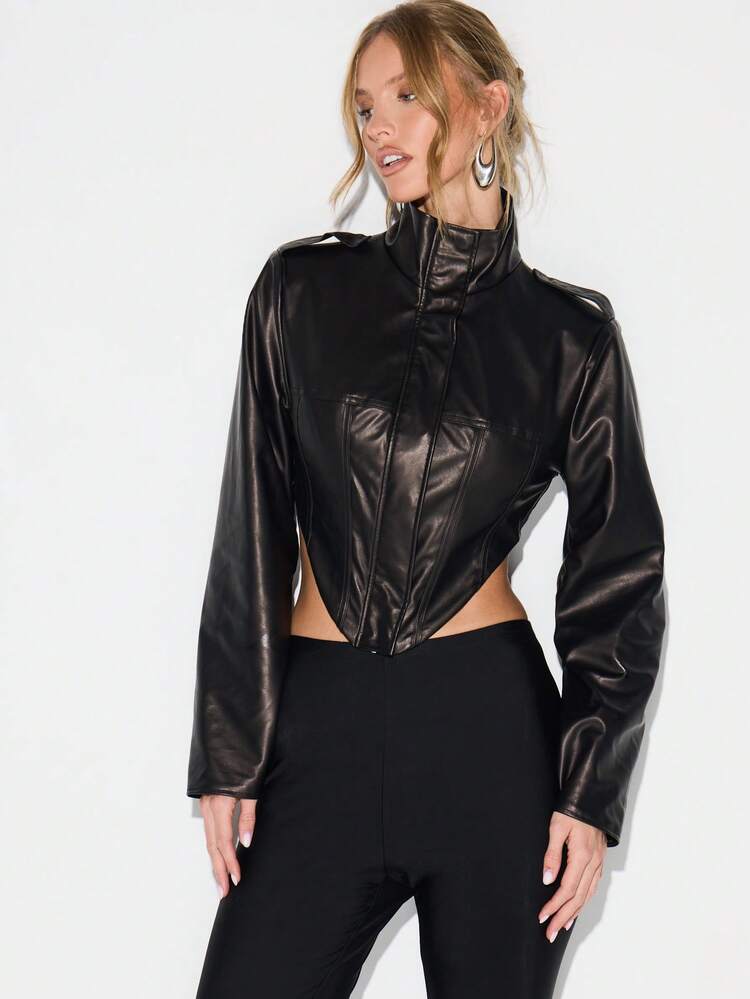 KIZN Cropped Leather Biker Jacket With Stand Collar