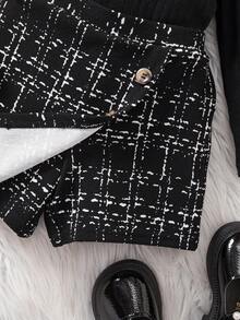 SHEIN Babygirl 休闲可爱针织长袖上衣和格子短裤两件套 - 黑色 - 查看 7