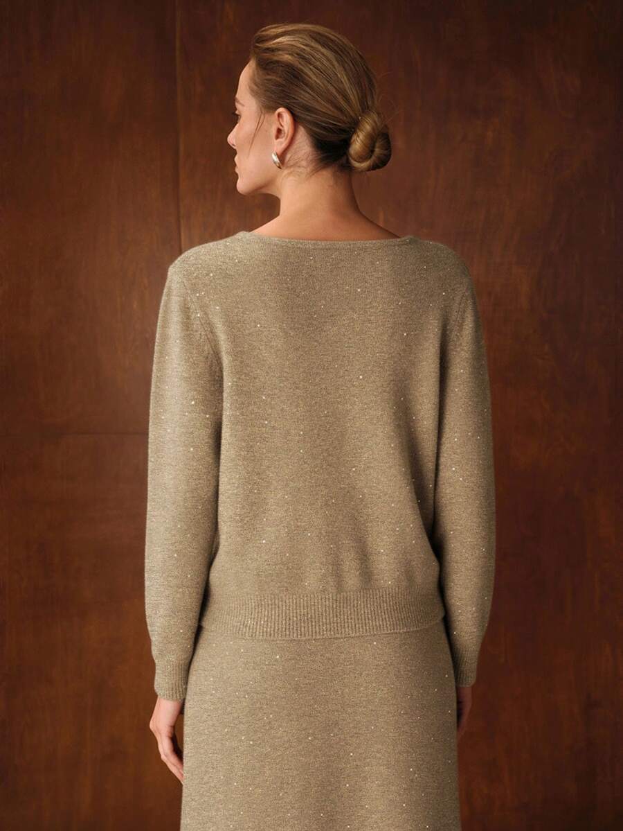 MOTF PREMIUM WOOL BLEND SEQUIN DETAIL NOTCHED NECK SWEATER - Camel - View 2