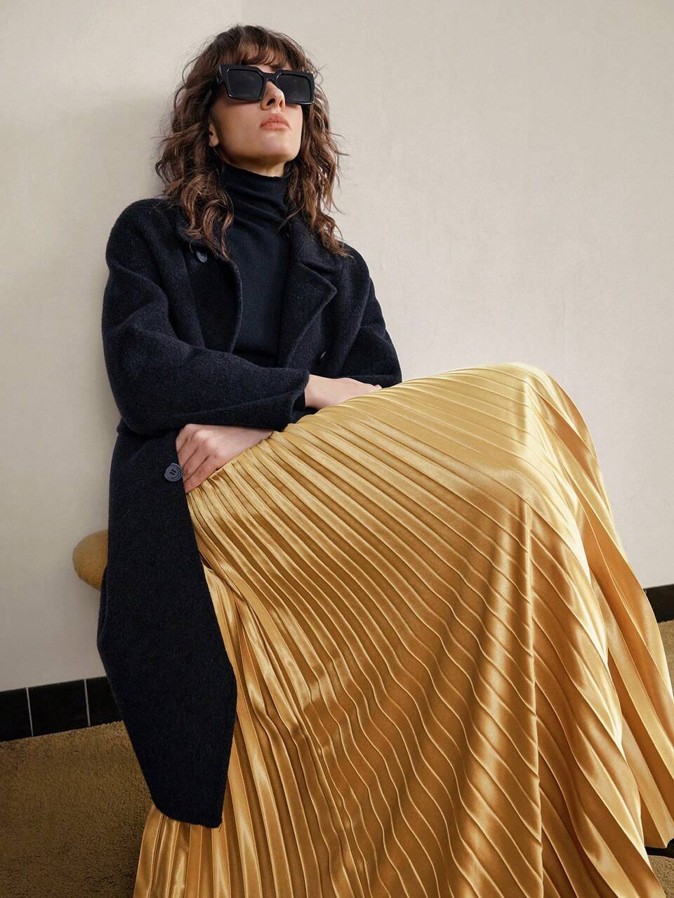 Women's Gold Pleated Skirt,Elegant Solid Elastic Waist Skirts For Party,Autumn Office Wear,Modern Urban Casual Old Money Style Christmas Holiday
