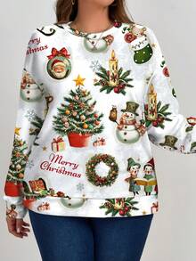 SHEIN LUNE Sudadera holgada de cuello redondo de manga larga con estampado de elementos navideños para mujer talla grande, otoño/invierno