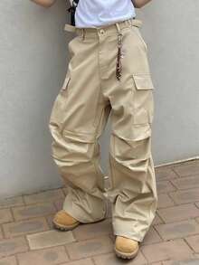 Manfinity Roghcode 男士卡其色多口袋工装裤，工装裤，宽松裤，街头服饰，百搭双褶可调节直筒休闲裤，男士工装裤，实用裤，卡其色工装裤，男士工装裤 - 卡其色 - 查看 1