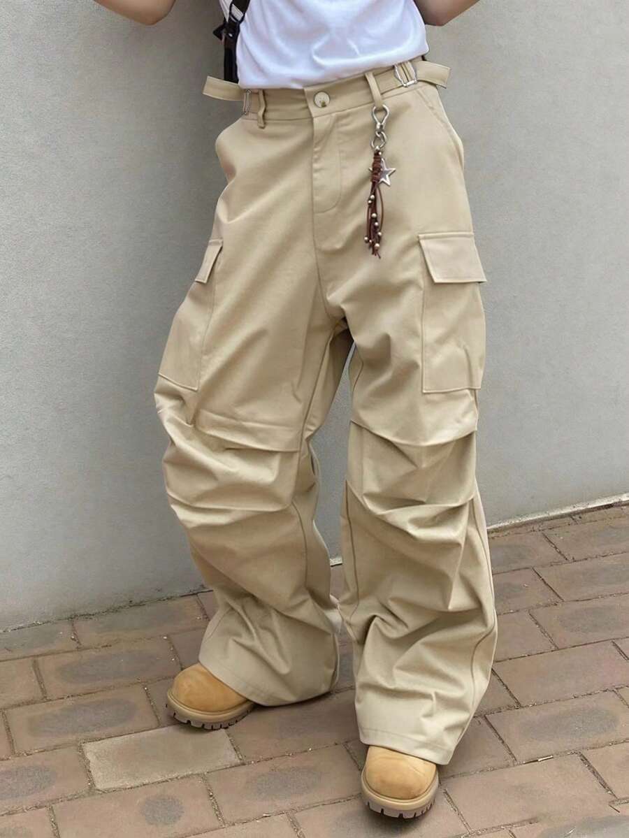 Manfinity Roghcode 男士卡其色多口袋工装裤，工装裤，宽松裤，街头服饰，百搭双褶可调节直筒休闲裤，男士工装裤，实用裤，卡其色工装裤，男士工装裤 - 卡其色 - 查看 1