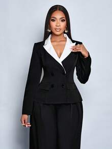 SOLERSUN Traje de dos piezas de chaqueta y pantalones holgados de estilo casual diario para mujer, con contraste elegante y delgado de negro y blanco, de manga larga y doble botonadura, para otoño e invierno