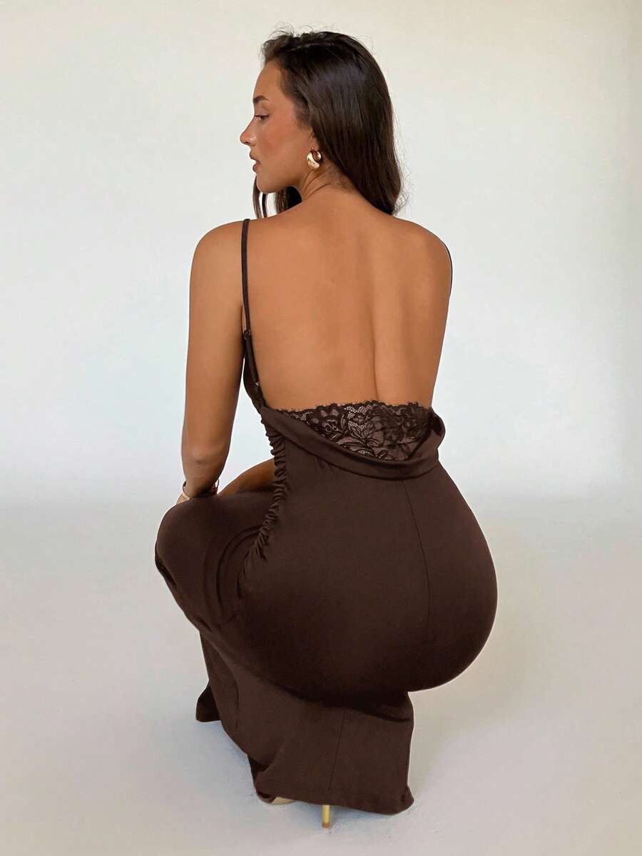 Aloruh Đầm dạ hội gợi cảm cho nữ dự tiệc màu trơn hở lưng ren chắp vá bodycon dài đuôi cá - màu nâu - Xem 1