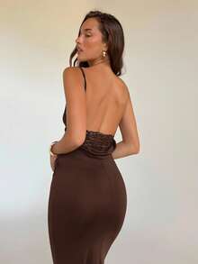 Aloruh Đầm dạ hội gợi cảm cho nữ dự tiệc màu trơn hở lưng ren chắp vá bodycon dài đuôi cá - màu nâu - Xem 7