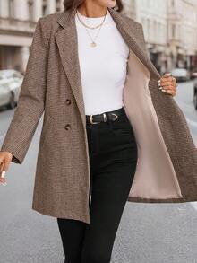 SHEIN Clasi Women's Autumn/Winter Khaki Plaid Woolen Coat, Classic Versatile, Old Money Style, Suitable For Commuting, Outings, And Gatherings Women's Winter Fall Coat Brown Blazer Women Plaid Coat - Khaki - View 3