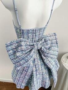 Comfortcana Women's Fall/Winter Sequin Patchwork Bowknot Decor Camisole Mini Dress Glowmode Rave Tweed Dress Concert, Elegant Dresses For Party - Blue - View 5