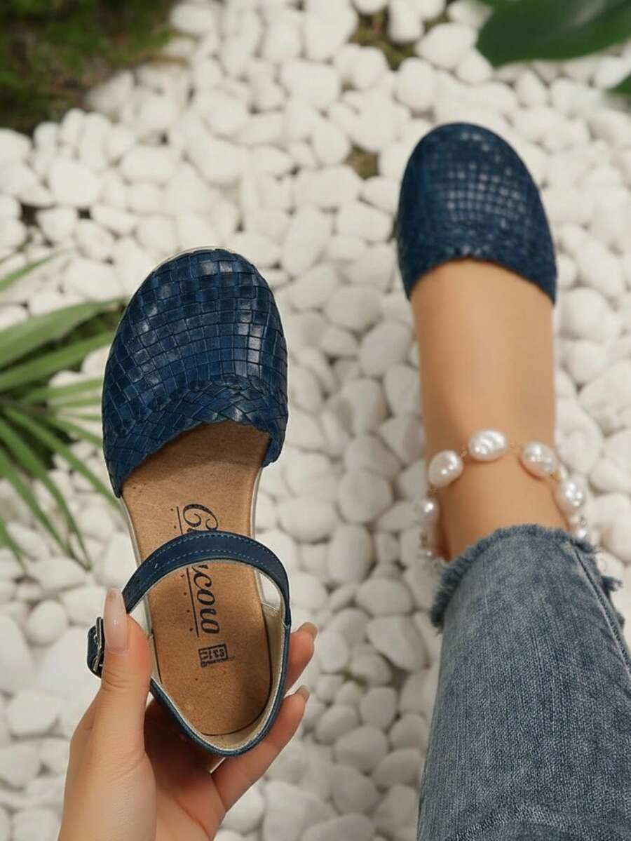 huarache para mujer de vaqueta tejida transpirable, punta redonda, correa ajustable, tacón de cuña , estilo vintage para oficina y diario - Azul Marino - Ver 1