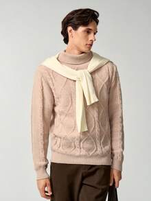 RONVEXI Men's Casual Solid Color Turtleneck Sweater, Winter, Long Sleeve Top - Apricot - View 5