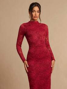 Silquee Vestido de manga larga, elegante, con espalda descubierta, de encaje sólido y cuello alto transparente y sexy