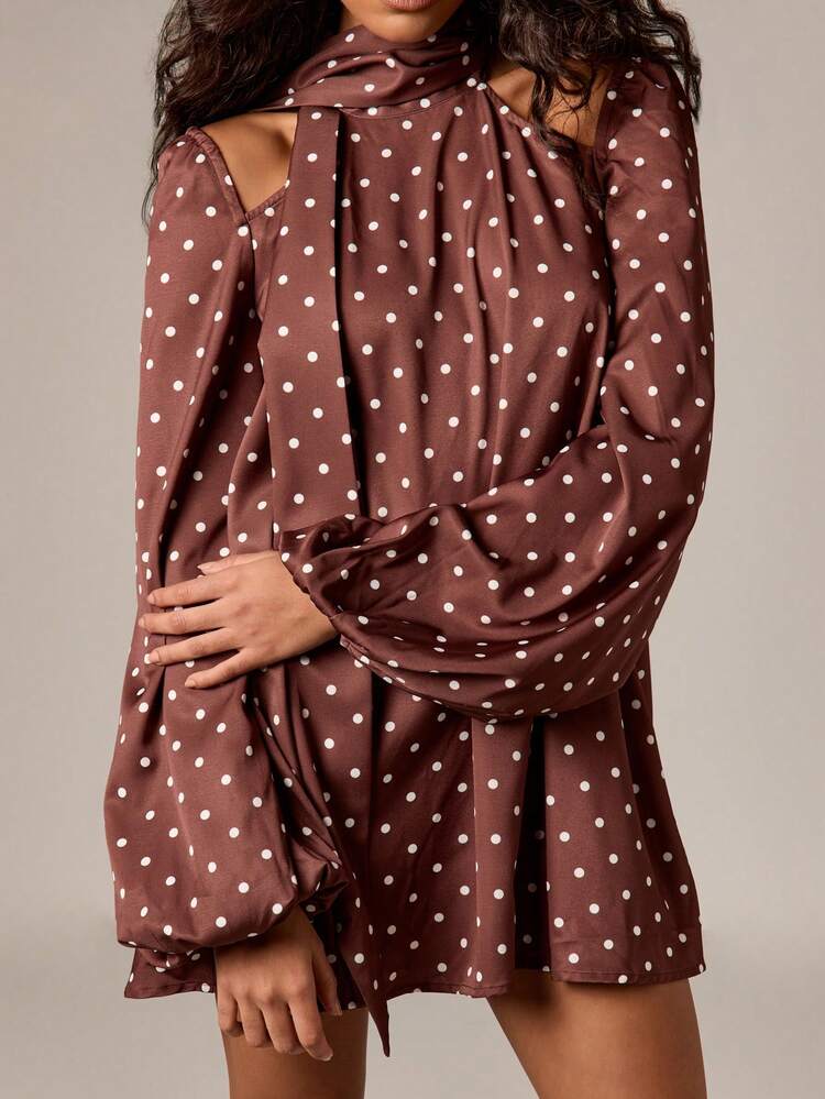 AiiRZ Polka Dot Mini Dress With Cold Shoulder Cut Out
