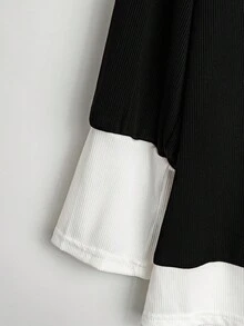 SHEIN PETITE CURVE Bộ 2 áo cổ chữ V phối gân màu tương phản cỡ lớn và quần ống rộng cho nữ, phong cách Hàn Quốc, trang phục thường ngày thanh lịch và trang phục ngày lễ - Đen và trắng - Xem 3