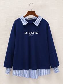 SHEIN EZwear Plus Size Casual Striped Patchwork Letter Print Sweatshirt, Autumn/Winter Graphic - Blue - View 1