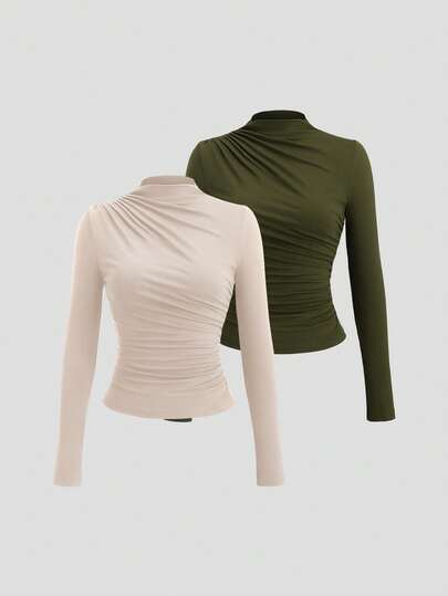 Sweetra Women's Y2K Solid Color Fashionable Mock Neck Pleated Long Sleeve T-Shirt