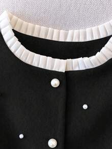 Regalyn Plus Size Woolen Vest With Ruffle Collar, Pearl Decor, Stylish Commuter Fashion Retro Elegant Minimalist Vest Jacket