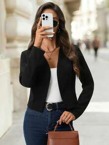 SHEIN Clasi Áo khoác ngắn họa tiết hoa đen dành cho nữ, Áo khoác mùa thu - màu đen - Xem 4