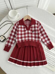 Souflis Souflis 少女格子长袖毛衣和百褶针织裙休闲套装，秋冬 - 酒紅色 - 查看 3