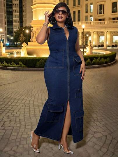 SHEIN SXY Spring Outfit Plus Size Bohemian Denim Elastic Dark Blue Sexy Elegant Business Casual Sleeveless Dress With Pockets For Women