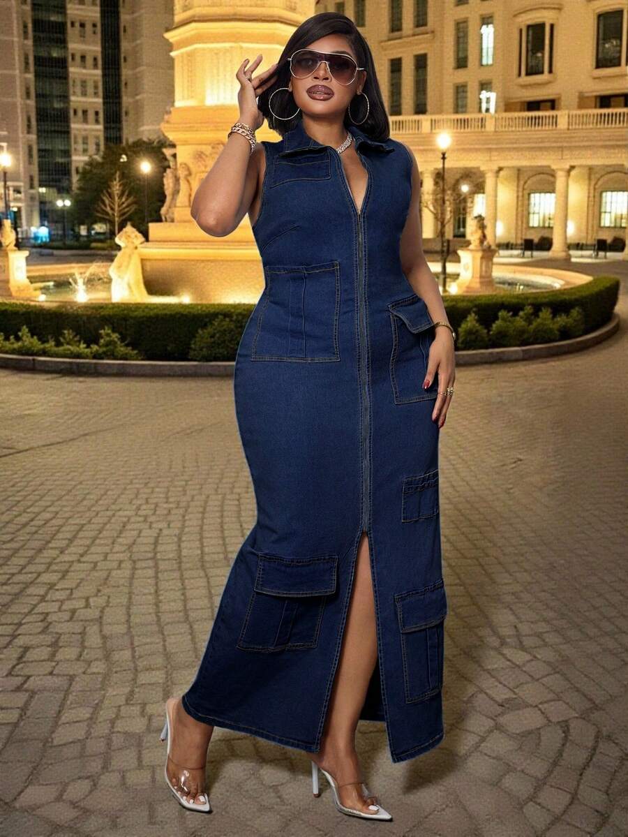 SHEIN SXY 加大码波西米亚风牛仔弹力深蓝色性感优雅商务休闲无袖连衣裙，女式带口袋 - 深色水洗藍 - 查看 1