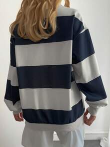 Livesso 女士休闲条纹印花套头卫衣，秋冬季 Y2K 款式 - 藍白色 - 查看 2