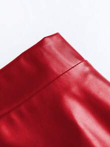 DreamSkyne Chân váy chữ A lưng cao bằng da PU màu trơn cỡ lớn dành cho nữ - Đỏ - Xem 3