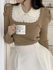 DAZY 法式彼得潘领层叠上衣，二合一泡泡袖毛衣，女款，秋冬 - 駝色 - 查看 4