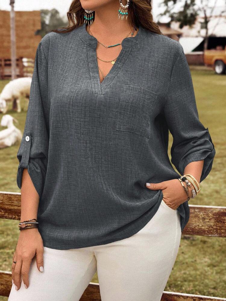Plus Size Women's Solid Color V-Neck Roll-Up Sleeve Casual Loose Shirt