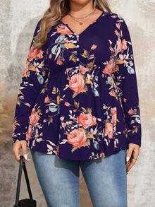 EMERY ROSE Camiseta casual de manga larga con cuello en V y estampado floral para mujer de talla grande, para otoño