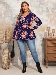 EMERY ROSE Camiseta casual de manga larga con cuello en V y estampado floral para mujer de talla grande, para otoño