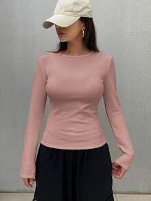 FRIFUL Áo thun nữ cổ tròn tay dài màu trơn có lót nhiệt, mùa đông - Hồng - Xem 2