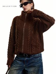 LYSMO SELECTION 2025 Neue Ankunft Minimalismus Winter Damen Kaffeebraun Zopfmuster Dropped Shoulder Langarm Reißverschluss Casual Strick Cardigan für Ausgehen, Streetwear und Stockholm Casual Stil - Kaffeebraun - Übersicht 4