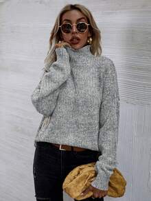 EMERY ROSE Áo len chui đầu cổ lọ tay dài màu trơn thường ngày, Thu/Đông - Xám - Xem 4